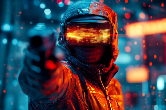 A futuristic figure in a high-tech environment, aiming a gun with glowing visor. - Powered by Adobe