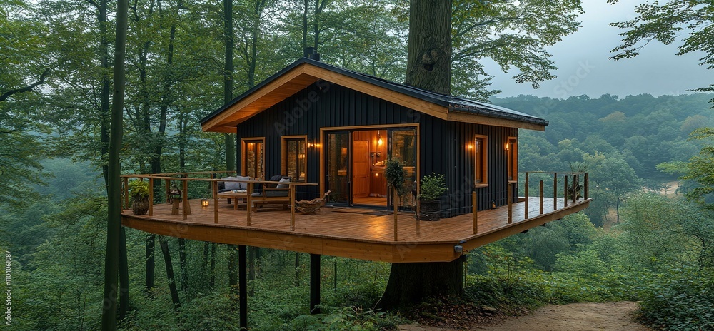 Poster treehouse retreat nestled in serene forest environment during twilight hours
