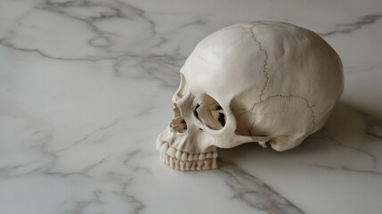 Obraz premium Human skull model on marble surface, profile view.