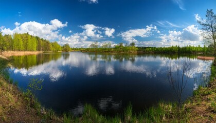 Fototapeta premium Echoes of Spring: The Lake's Reflection of Soft Clouds in Full View