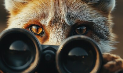 Fox Peering Through Binoculars, Close-Up View