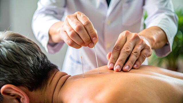 Professional Acupuncture Session Focused on Back Pain Relief with Skilled Practitioner Performing Needle Insertion on Relaxed Patient in Wellness Environment