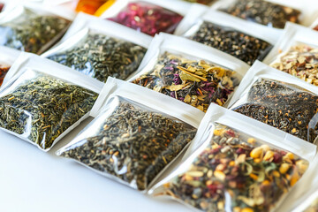 Fototapeta premium Tea in Packs Displayed on a Wooden Table With Natural Light Illuminating the Scene