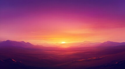 Obraz premium Vibrant sunset over a hazy mountain range, with warm and cool colors dominating the sky and landscape.