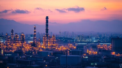 Obraz premium An industrial landscape at dusk, showcasing factories and smokestacks illuminated against the twilight sky.
