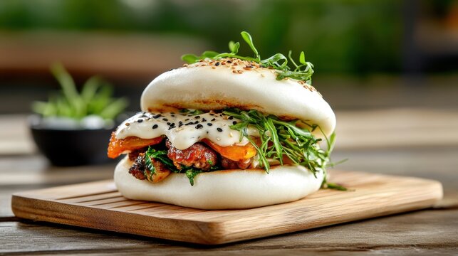 A soft, fluffy bao bun filled with colorful vegetables and creamy sauce, elegantly presented on a wooden board.