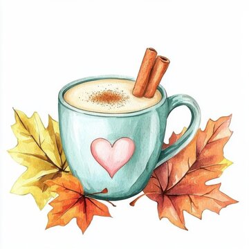 watercolor mug cinnamon sticks autumn leaves clip art preview