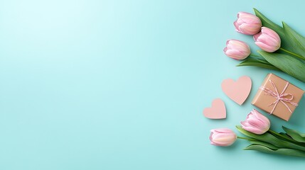 Celebrate love and appreciation with pink tulips and a heartfelt gift for Mother's Day in this charming flat lay design