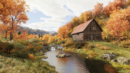Serene Autumn Scene: Stunning Barn in Vibrant Valley with Flowing Stream - Ultra-Detailed Photorealistic Image