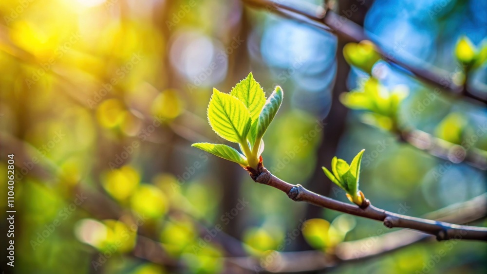 Poster fresh green leaves emerging on a branch during spring with soft sunlight filtering through the trees