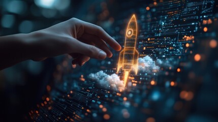 Hand launching a digital rocket, symbolizing innovation, startup, and technology advancement.