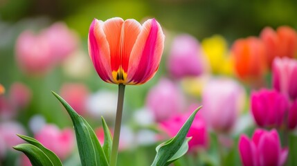 Fototapeta premium A vibrant tulip stands out among a colorful garden of blooming flower.