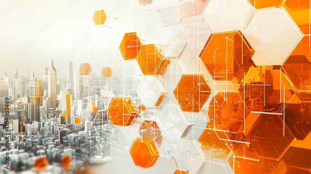 Aufkleber orange abstract background with glass hexagons in motion blur and cityscape, with copy space. flat d