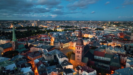 Aerial view of the Riga Old Town at sunset in Latvia.