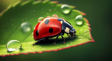 Fototapeta premium Red Ladybug on a Vibrant Green Leaf, Leaves, Rain Drop Dew Water, Insect Bug Nature Wildlife Image