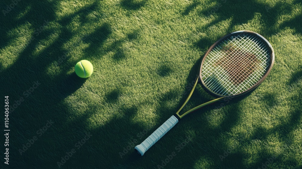 Poster tennis racket and ball lying on a grass court under the dappled shade of a tree, creating a serene a