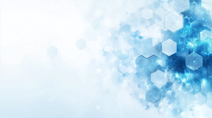 Blue abstract background with glass hexagons in motion blur, with copy space. Flat design,  transparent material in random geometric pattern. business background.