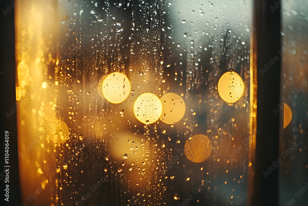 Aufkleber a mesmerizing view of golden bokeh lights shimmering through raindrops on a window, creating a warm 