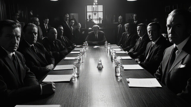 Vintage boardroom deliberation with serious businessmen