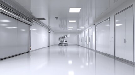 Obraz premium Sterile corridor in a modern medical facility with a robotic surgical arm.