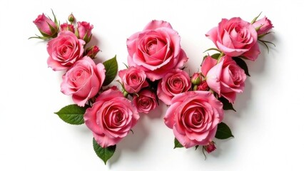 Letter W made from white- pink roses with green leaves on a white isolated background