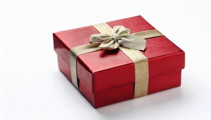 Obraz premium Luxurious Red Christmas Gift Box Adorned with a Shimmering Golden Ribbon Bow. Perfect for Holiday Gifting, Elegant Seasonal Decorations, and Adding a Touch of Sophistication to Festive Celebrations