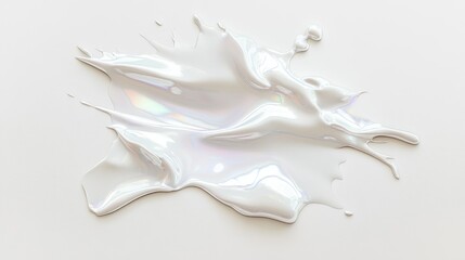 Abstract iridescent white liquid splatter on white background.