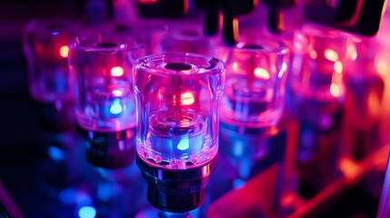 Close-up of glowing vacuum tubes emitting vibrant blue and purple light in a technical setting.