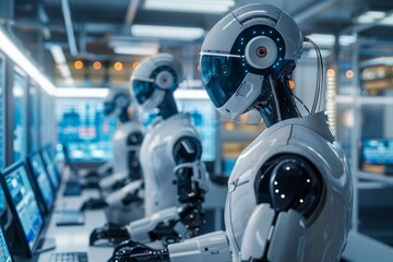 Fototapeta premium A row of advanced humanoid robots operating computers in a high-tech office, symbolizing AI, automation, and futuristic technology.