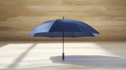 Obraz premium A navy blue umbrella stands open on a light wood floor, sunlight streaming in.