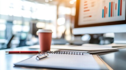 Modern workspace with computer screen showing graphs, notebook, pen, and coffee cup.