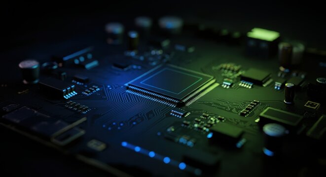 Close-up of Circuit Board with CPU, Green and Blue Lighting