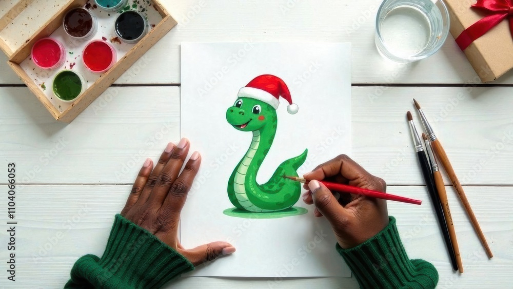 Wall mural close-up of black hands in a green sweater painting a watercolor drawing of a green snake in a red Christmas hat on a white wooden background with a brush, a watercolor box, gift boxes in craft paper