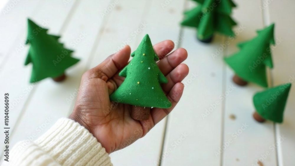 Wall mural Close-up of a dark- skinned hand in a white sweater holding a stitched DIY Christmas tree, blurred white wooden background with DIY Christmas trees