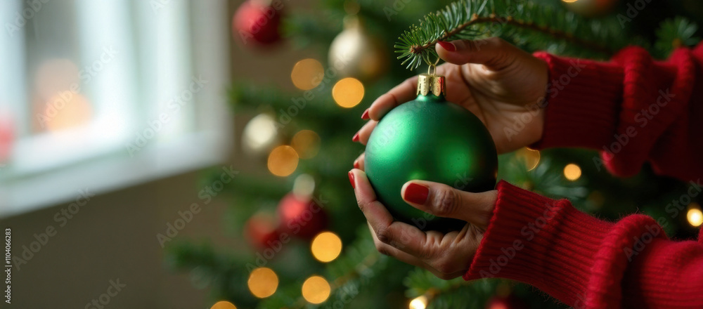 Wall mural Close-up banner hands of a dark-skinned woman in a red sweater holding a green small Christmas ball hanging on a Christmas tree, Christmas tree branches and Christmas toys blurred background