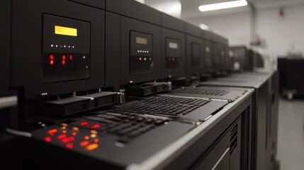 Obraz premium Row of black industrial machines with control panels and disk drives in a data center.