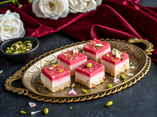 Delicious Traditional Indian sweet 'Desi Miya Mau', creamy, vibrant pink layers. Food background
