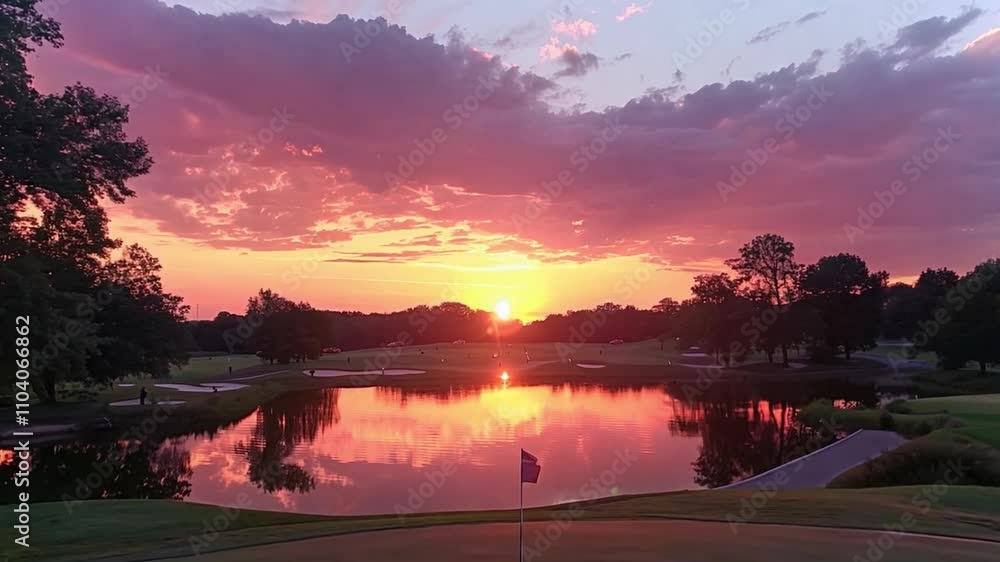 Poster this sun sets behind the trees, casting colorful reflections on the calm lake at twilight. golf cour