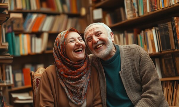Joyful Senior Couple in Cozy Bookstore Setting