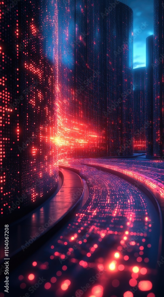 Poster a futuristic digital landscape with glowing data streams and towering structures.