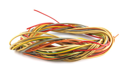 Close-up of multi-wire cables bundle plaited to circle isolated on white background. Colored wiring...