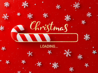 Christmas loading bar with candy cane design on red festive background with snowflakes. Concept of holiday anticipation and celebration.