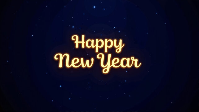 Happy New Year glowing yellow text on a starry blue background