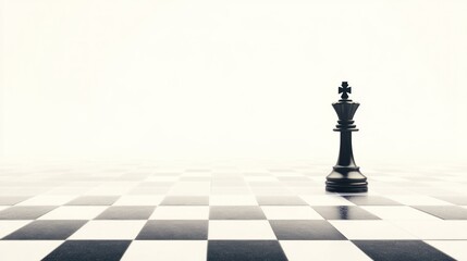 Lone black king chess piece on a large empty chessboard against a white background.