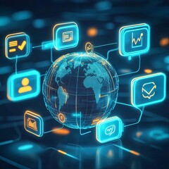 Futuristic Digital Globe Surrounded by Geometric Icons Representing Data, Technology, and Connectivity in a Vibrant, High-Tech Virtual Environment