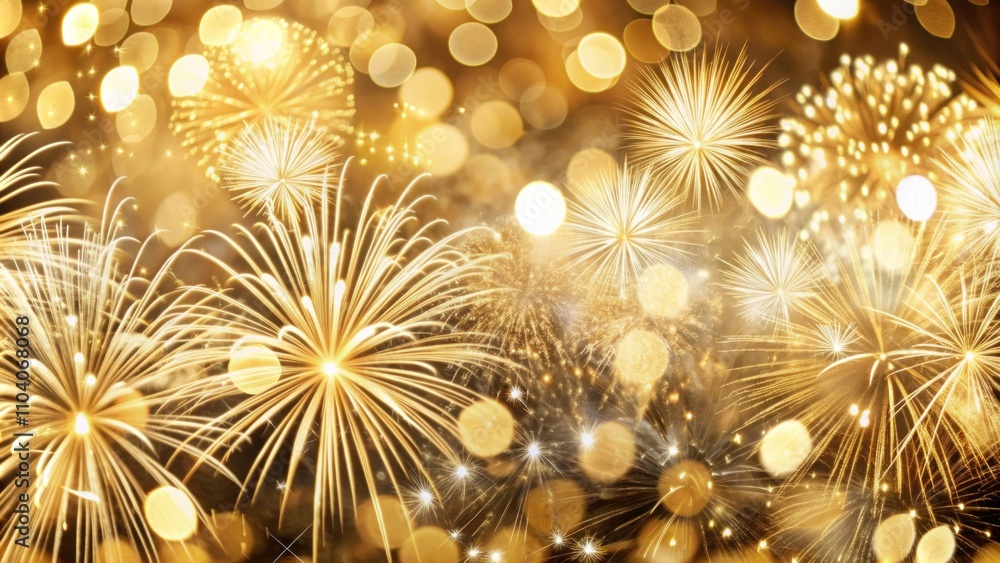 Poster sparkling golden fireworks display on a night sky with soft bokeh effect creating a festive atmosphe