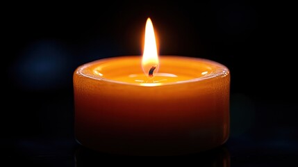 Single lit orange candle in dark background.