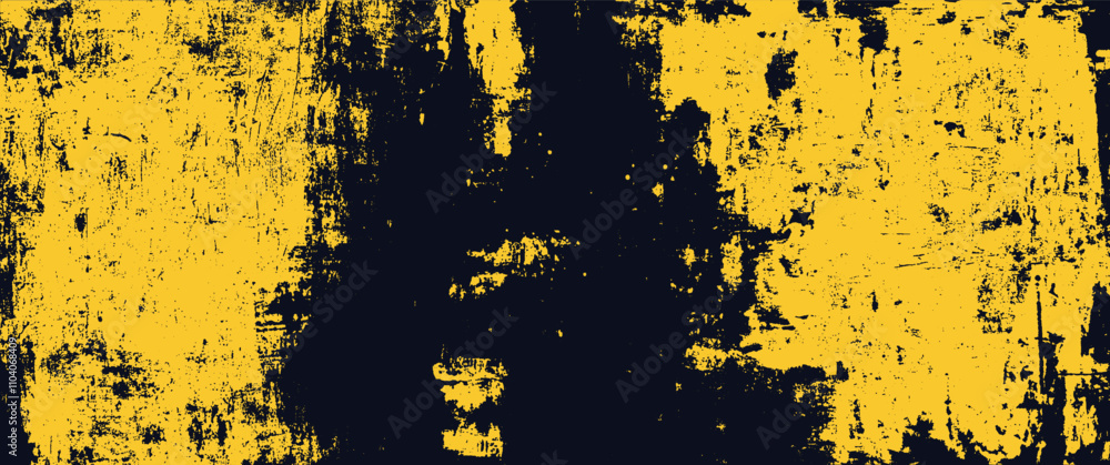 Poster Vector yellow background with black paint brush strokes and grunge texture. Abstract splash effect with retro comic style design, featuring halftone pattern.