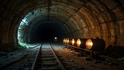 Abandoned mining tunnel with tracks and glowing lamps.