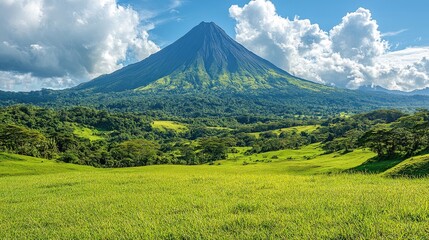 Naklejka premium A scenic view of a lush landscape with a prominent volcano and vibrant green fields.